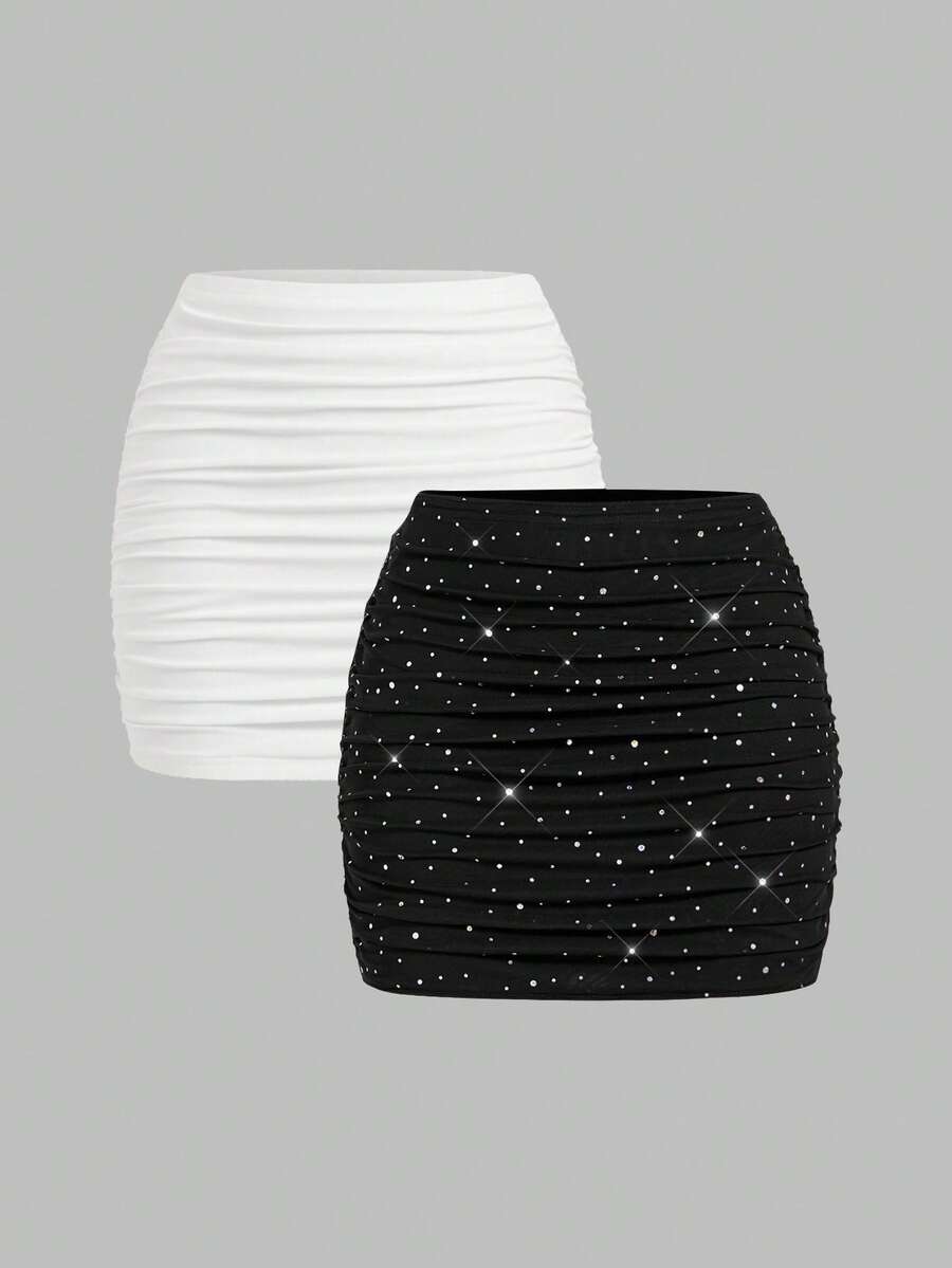 SHEIN EZwear 2pcs Plus Size Black Holiday Casual Skirt Set - Black and White - View 1