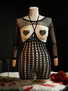 SpicyHot 4件套加大码女士性感透视网纱内衣套装，含乳贴 - 黑色 - 查看 3