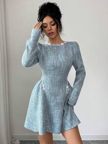 Modelyn 女士蓝色粗花呢长袖褶裥串珠腰部A字短款优雅连衣裙 - 藍色 - 查看 5