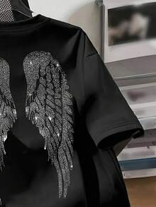 SHEIN Camiseta de manga corta de cuello redondo holgada con alas de strass para mujer, para verano - Negro - Ver 3
