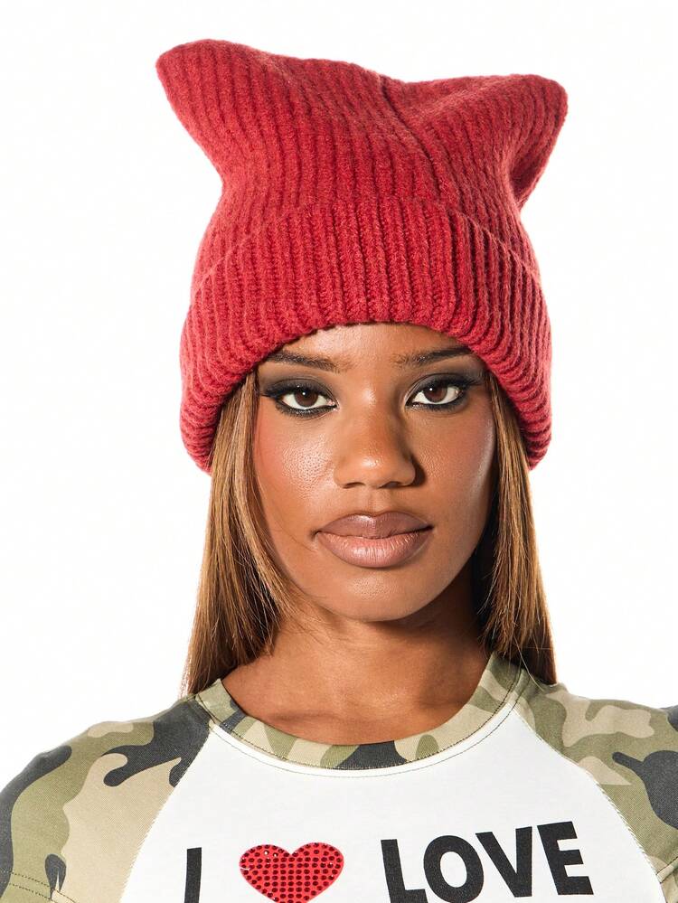 SUMWON Gorro de invierno con textura acanalada y orejas de gato tejido, accesorio de moda para clima frío