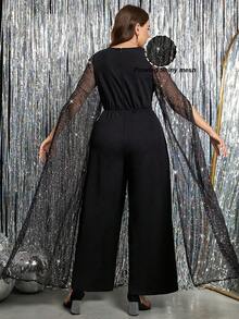 SHEIN Clasi Mono de pierna ancha con parches de malla con strass para mujer de talla grande, elegante y lujoso - Negro - Ver 3