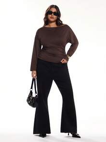 Solavibe Plus Size Women's Brown Knitted Batwing Sleeve Boat Neck Top,Autumn Smart Casual Solid Color Minimalist Long Sleeve Everyday Casual Wear Curve Top - Brown - View 6