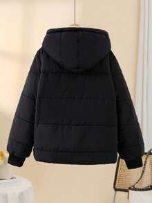 SHEIN 少女宽松保暖连帽外套，适合寒冷天气，秋季冬季外套 - 黑色 - 查看 3