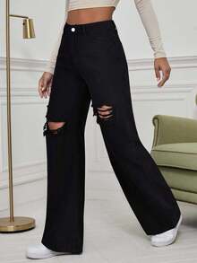 SHEIN ICON Washed Denim Blue High Waist Ripped Wide Leg Jeans - Black - View 5