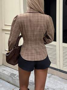 女士格子荷叶边长袖单排扣修身衬衫 - 彩色 - 查看 5