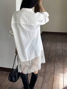DAZY Contrast Lace Loose Long Tie Waist Long Sleeve Elegant Sexy Women Blouse, Spring/Autumn - White - View 2