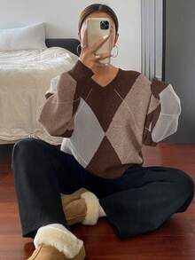 DAZY Plaid Loose Fit Long Sleeve Crew Neck Sweater For Women - Brown - View 6