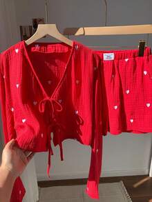 Comfortcana 2 件套女式红白心形图案系带长袖上衣和短裤套装，圣诞装 - 紅白色 - 查看 4