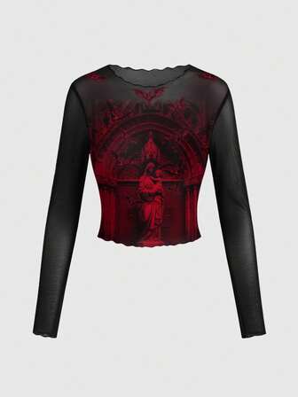 Grunge Punk Blouse à manches longues en maille transparente sexy de la Vierge Marie de la cathédrale gothique mystérieuse pour femmes