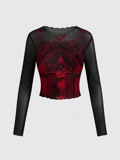 Grunge Punk Blouse à manches longues en maille transparente sexy de la Vierge Marie de la cathédrale gothique mystérieuse pour femmes