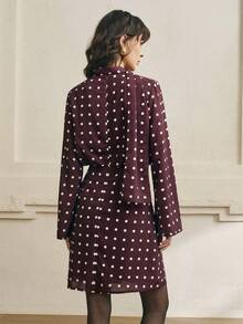 INAWLY Wine Red Polka Dot Print Waist Flare Sleeve Short Dress - Multicolor - View 3