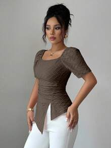 Elenzga 女士时尚优雅方领短袖收腰休闲粉色T恤上衣 - 棕色 - 查看 4