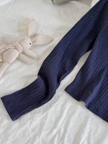 SHEIN 少女海军蓝针织纯色罗纹褶皱胸前蝴蝶结甜美女孩校园休闲长袖T恤，返校季，可爱，假日家庭户外秋季野餐日常穿着，适合各种场合 - 藏蓝色 - 查看 6