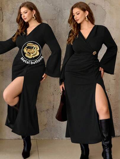 Roveilla 大码V领长袖喇叭袖金属花朵纽扣开衩修身长款优雅连衣裙，适合秋冬季穿着