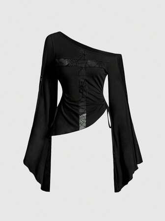 Hippie قميص نسائي كاجوال بأكمام خفاش متقاطعة وأكمام واسعة وخصر ضيق وكتف غير متماثل بطراز عتيق