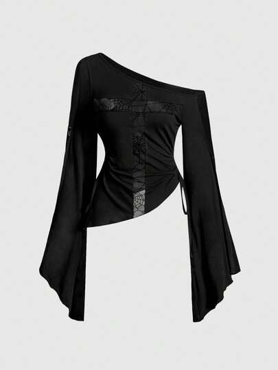 Hippie Vintage Asymmetric Shoulder Cinched Waist Flare Sleeve Casual Cross Batwing Sleeve Women T-Shirt