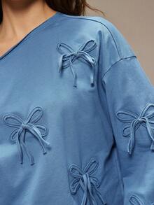 WESTFADE 棉质法式毛圈不对称露肩花卉系带长袖卫衣可爱针织上衣，冬季、波西米亚风、西部风、假日、圣诞节、新年、纳什维尔牛仔女郎、休闲 - 藍色 - 查看 2