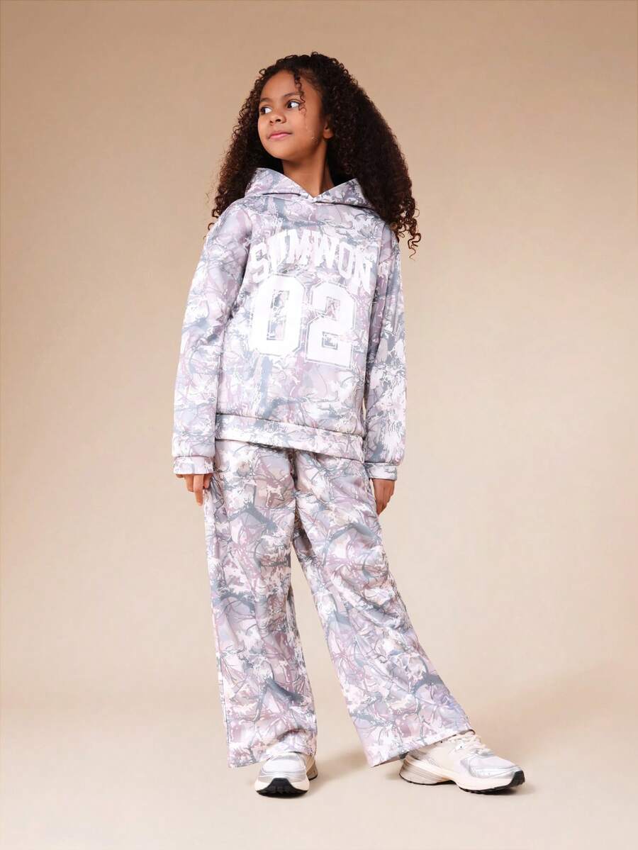 SUMWON Oversized Tween Floral Print Hoodie And Sweatpants Co-Ord Set Without Drawstring Hood Centre Pocket Elastic Waist Comfortable Wear Outfit , Casual And - Grey - View 1