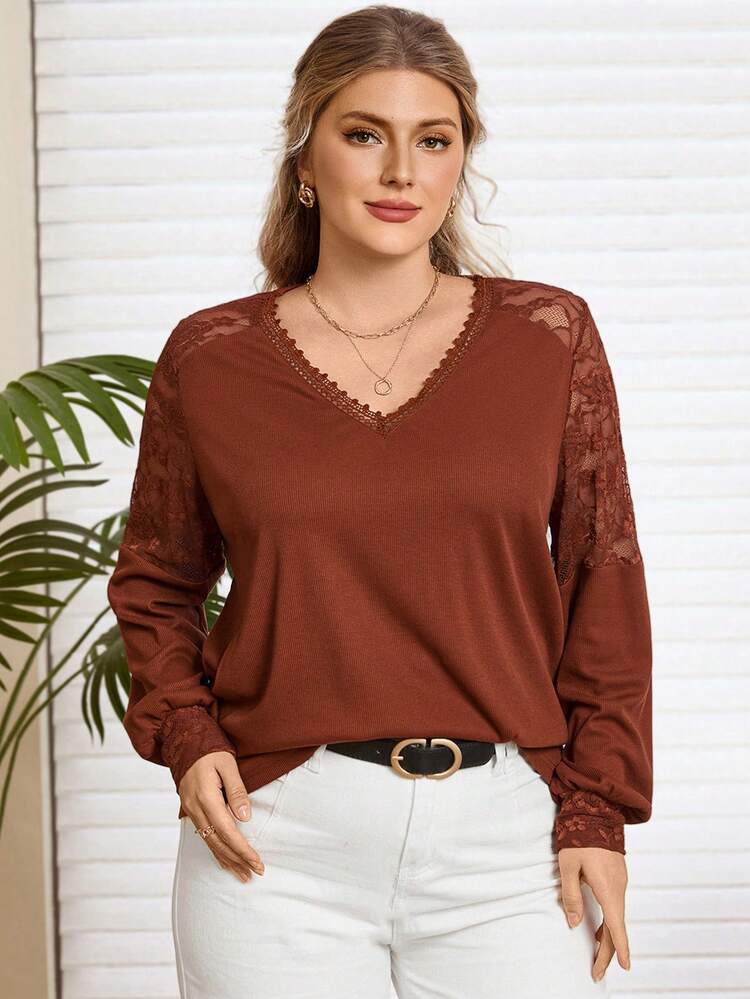 Plus Size Women V-Neck Long Sleeve Lace Patchwork Brown T-Shirt
