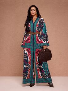 JIAN LASALA All-Over Print V Neck Flared Long Sleeve Button-Up Front Wide-Leg Long Women Jumpsuit Green Pajama Sleepwear Elegant Jumpsuit Bohemian Clothes Women Party Wedding Guest - Multicolor - View 1