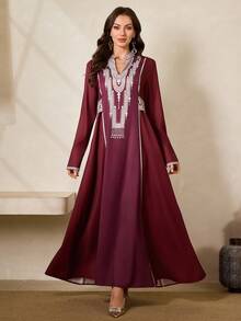 Al Najma New Year Muslim Arabic Elegant Luxury Evening Dress, Turkish Abaya & Traditional Arabic Long Robe For Women Kaftan Jalabiya Dress - Burgundy - View 2