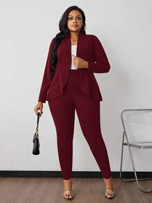 SHEIN PETITE CURVE Traje de oficina de 2 piezas de unicolor para mujer de talla grande con blazer de 3/4 de manga y pantalones, casual de negocios para otoño/invierno - Rojo violeta - Ver 4