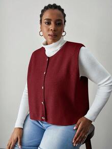 SHEIN Tall CURVE 大码女式休闲日常通勤简约纯色单排扣无袖针织上衣，秋冬款 - 酒紅色 - 查看 6