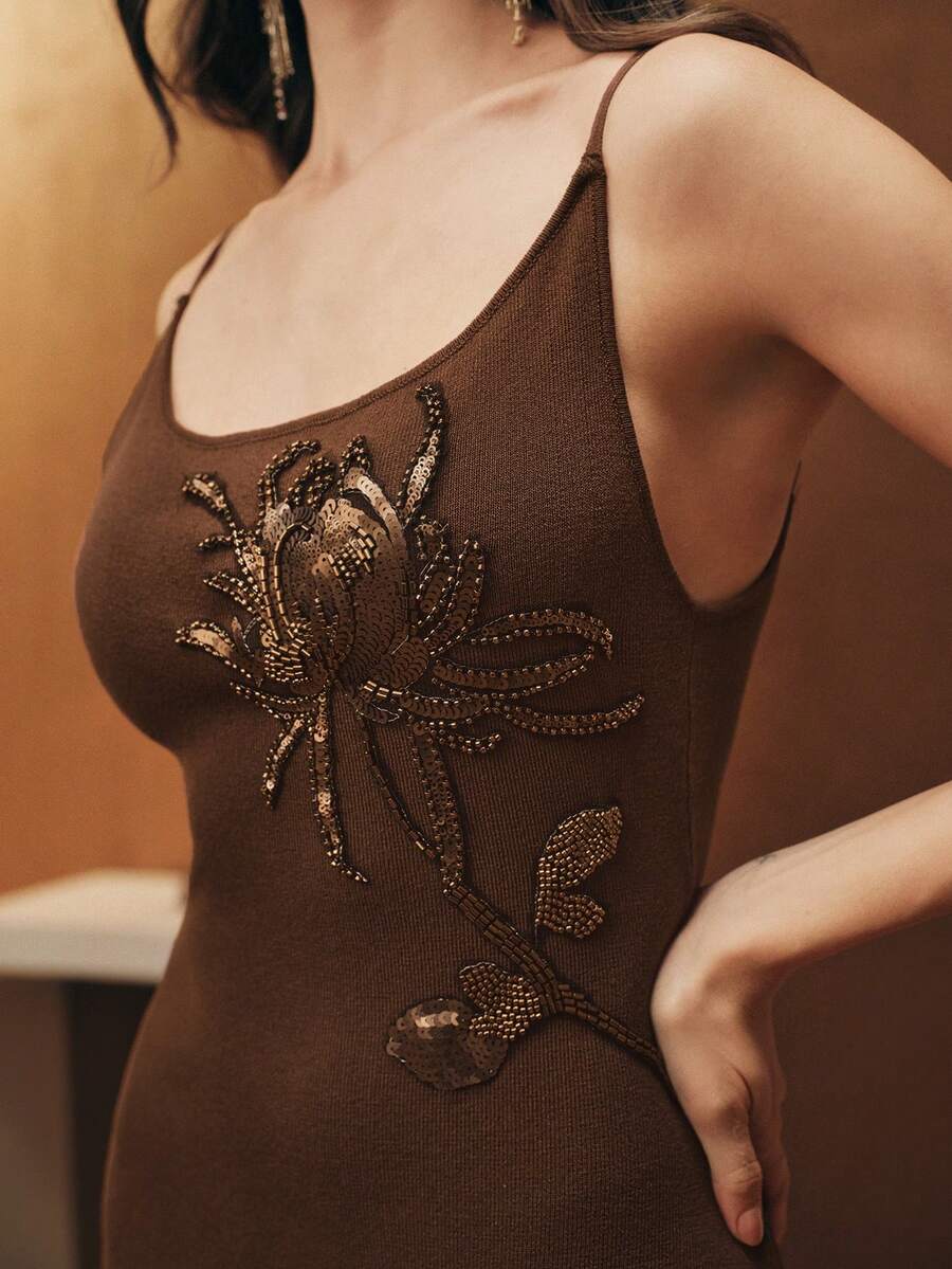 Anewsta 金属花卉手工法式串珠刺绣针织弹力修身吊带优雅派对长裙 - 咖啡 - 查看 1