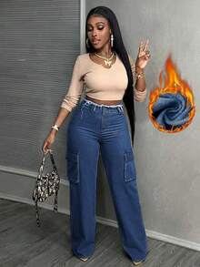 Slaydiva Quần jeans ống rộng cạp cao có túi, lót nhiệt, dáng rộng, thời trang dạo phố, đi làm hàng ngày, chất liệu thô, dáng rộng, ấm áp, thu/đông - Rửa tối - Xem 6