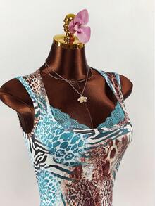 Amplova Women's Tight Bodysuit With Wide Top, Narrow Bottom, Spaghetti Straps, Square Neckline, Lace Cup Inserts, Leopard Print - Multicolor - View 5