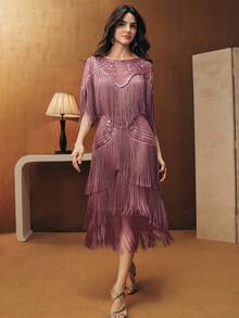 Anewsta Women's Elegant Party Dress, Fringed Beaded Top And Skirt 2 Pieces Set - Dusty Pink - View 4