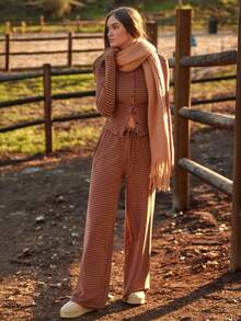 WESTFADE Striped Fuzzy Knit Drawstring Waist Loose Fit Wide Leg Stretch Lounge Pants Winter, Boho, Western Wear, Holiday, Christmas, NYE, New Year, Nashville Cowgirl, Casual, Cute - Brown - View 1
