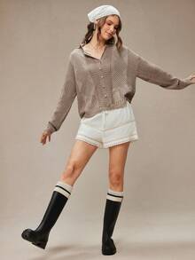 WESTFADE 钩针编织风格开襟针织长袖荷叶边宽松开衫毛衣，可爱针织上衣，适合冬季、波西米亚风、西部风、节日、圣诞节、新年、纳什维尔牛仔风、休闲场合。 - 駝色 - 查看 3