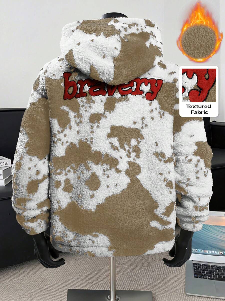 Manfinity Roghcode Men's White Autumn Streetwear Work Hoodie,Double-Sided Fleece Sweatshirt,Natural Leather Texture Design,Unisex Casual Daily Fashion Party Gift - Apricot - View 1