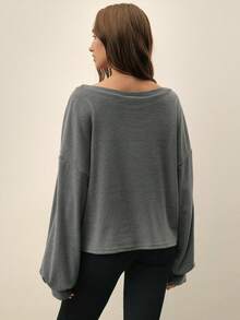 With My Calm 女士秋冬款磨毛超大圆领宽松版型慵懒肩部休闲运动套头卫衣，适合日常穿着、跑步、瑜伽 - 灰色 - 查看 2