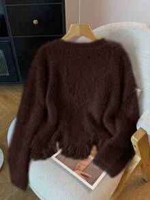 GlowEve 女士不对称下摆流苏仿貂绒柔软舒适手工镶钻修身圆领套头毛衣，常规版型，日常通勤穿着，秋冬季 - 咖啡棕 - 查看 3