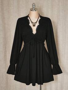 SHEIN ICON Váy mini ren chắp vá màu trơn cỡ lớn cho nữ mùa thu - màu đen - Xem 10