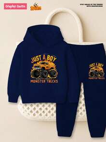 2 件装小男孩消防车图案连帽衫和运动裤套装