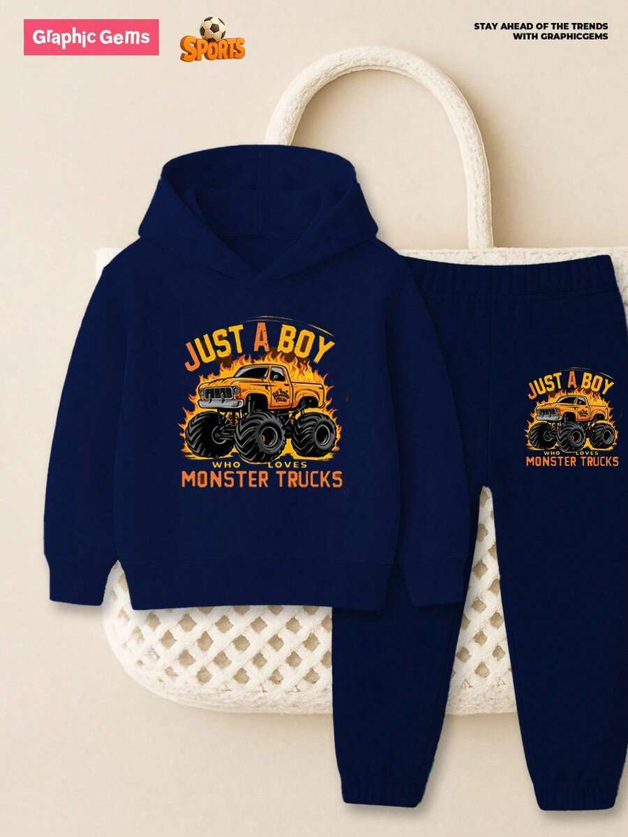 2 件装小男孩消防车图案连帽衫和运动裤套装