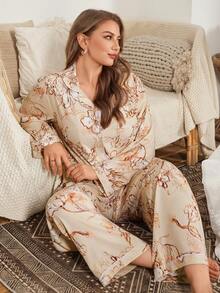 Serenescape Set pigiama a maniche lunghe con colletto arricciato e stampa floreale, taglie comode - Multicolore - Visualizzare 1