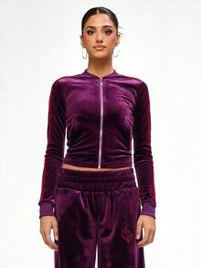 BABYPHAT جاكيت رياضية مزودة بسحاب كامل من القطيفة البنفسجية مع أكمام طويلة وتفاصيل شعار مطرز للارتداء الكاجوال في الشتاء - الأرجواني - مشاهدة 7