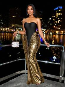 SOLERSUN Elegancka, dopasowana sukienka imprezowa z marszczeniami i blokami kolorów