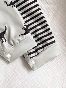 Newborn Baby Pajamas-Newborn One Piece Jumpsuit Crew Neck Long Sleeve Front Snap Dinosaur And Stripe Print Mint And Black White Four Season 2026 New Year Essential