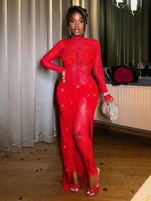 Slaydiva 2025 Autumn/Winter New Year, Valentine's Day, Party, Banquet, Date, Birthday Party, College Style, Student Wear, Daily Outfit, Basic Versatile, Casual, Cruise Travel, Viral Hit, Elegant, Commute, Business Casual, Minimalist Small Stand Collar Sheer Lace Hem Splicing Glitter Red Fabric Twist Lace Jumpsuit Dress, Party Mini Dress, Autumn/Winter Women Dress - Red - View 3