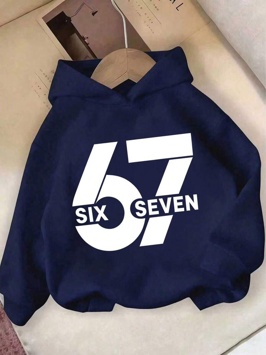青少年男孩「67」數字「Six Seven」字母圖案休閒寬鬆保守街頭風運動衫,海軍藍,秋季校園運動服 - 藏蓝色 - 查看 1