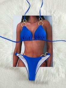 Swim Vcay Solid Color Decorative Ring Halter Strap Triangle Summer Bikini Swimwear - Royal Blue - View 5