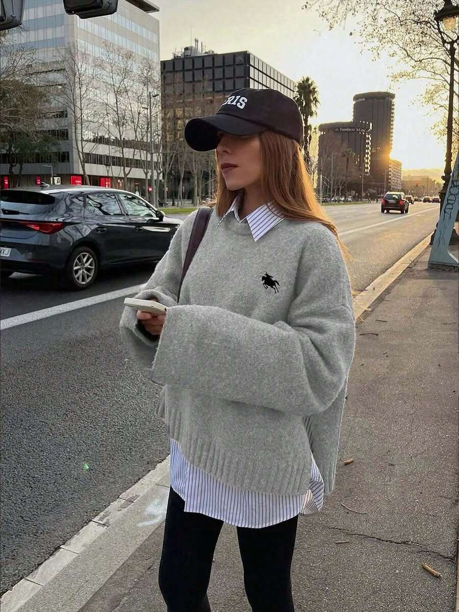 Siren Gaze Women's Casual Loose Fit Round Neck Drop Shoulder Long Sleeve Knight Pattern Sweater, Autumn/Winter - Grey - View 1