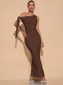 SHEIN BAE Women's Solid Color Asymmetric Shoulder Tie Ruched Elegant Slit Dress, Suitable For Graduation - Brown - View 3