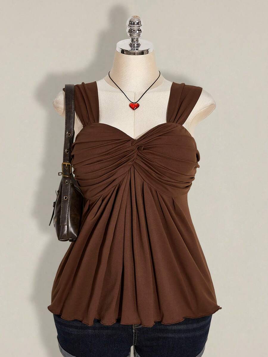 SHEIN ICON Plus Size Women's Black Twist Front Sleeveless Babydoll Knit Top, Y2K Style, Suitable For Graduation/Back To School Season, Summer Cute Tops - Chocolate Brown - View 1